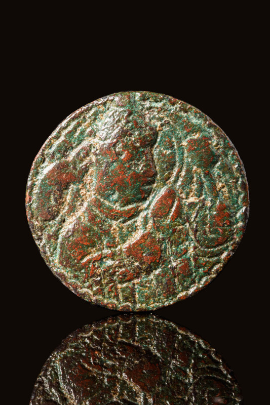 KUSHAN BRONZE MEDALLION WITH NOBLE MAN

 Ca. AD 400 - 500 A Khushan Empire bro...