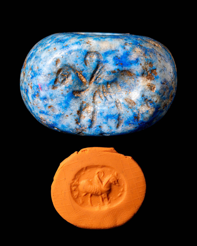 SASSANIAN LAPIS LAZULI STAMP SEAL DEPICTING A WALKING PEGASUS

 Ca. AD 250 - 6...