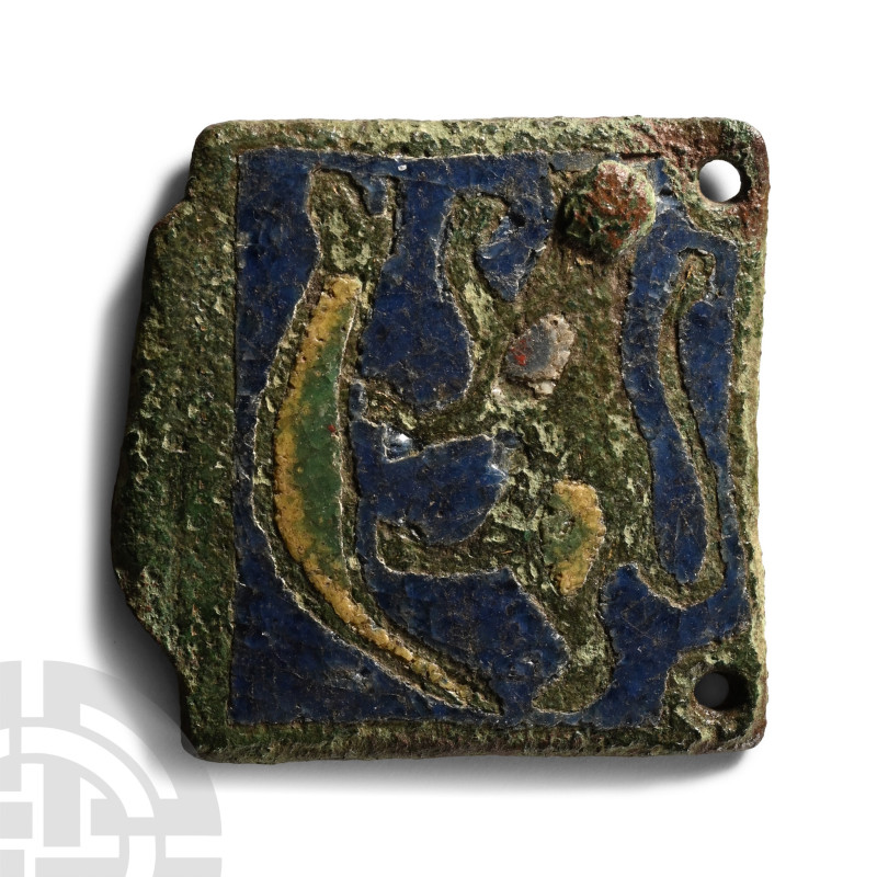 12th-13th century A.D.. Rectangular plaque with two attachment holes and flange ...