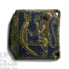 Medieval Knight's Bronze Limoges Buckle Plate with Rampant Lion Fighting a Human-Headed Snake