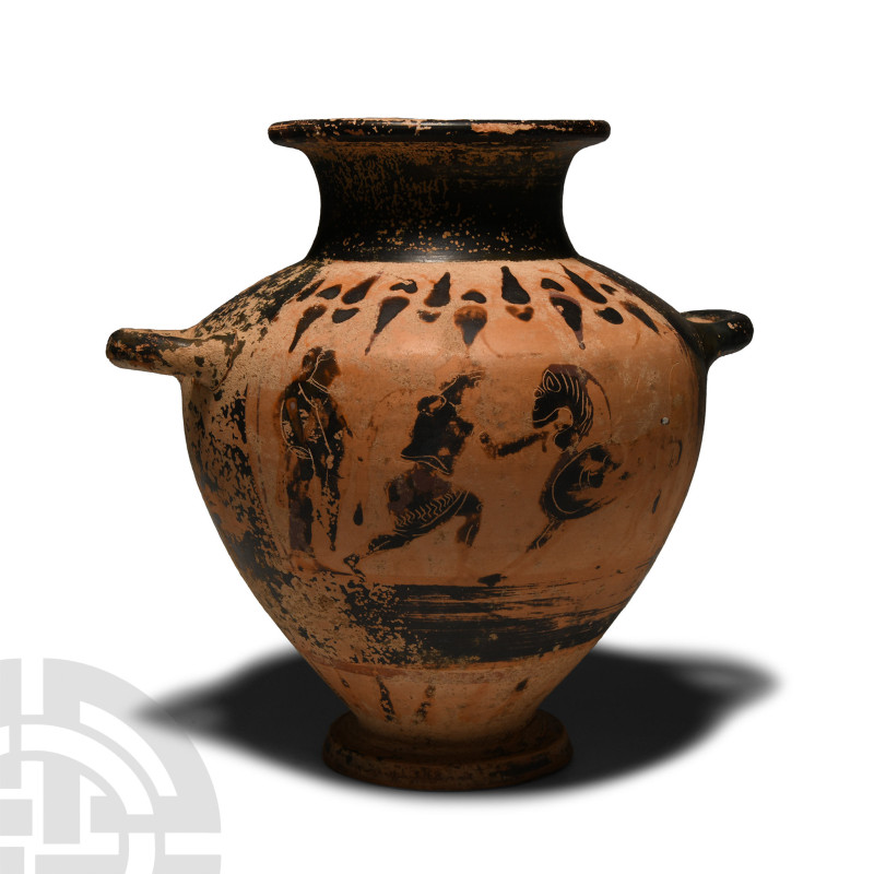 6th-5th century B.C.. Tall vessel with narrow base and loop handles to the shoul...