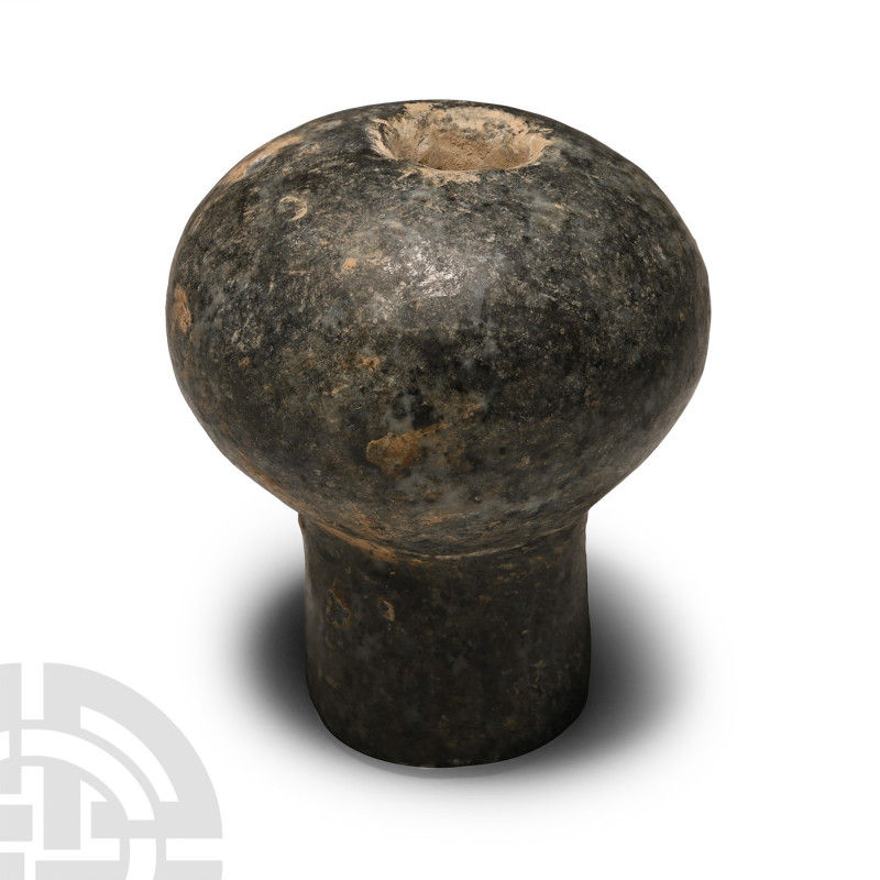 3rd millennium B.C.. With plain globular body, circular short shaft expanding to...