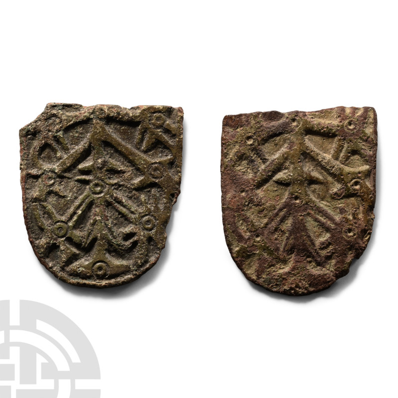 10th-11th century A.D.. Two tongue-shaped panels forming two of the three arms o...