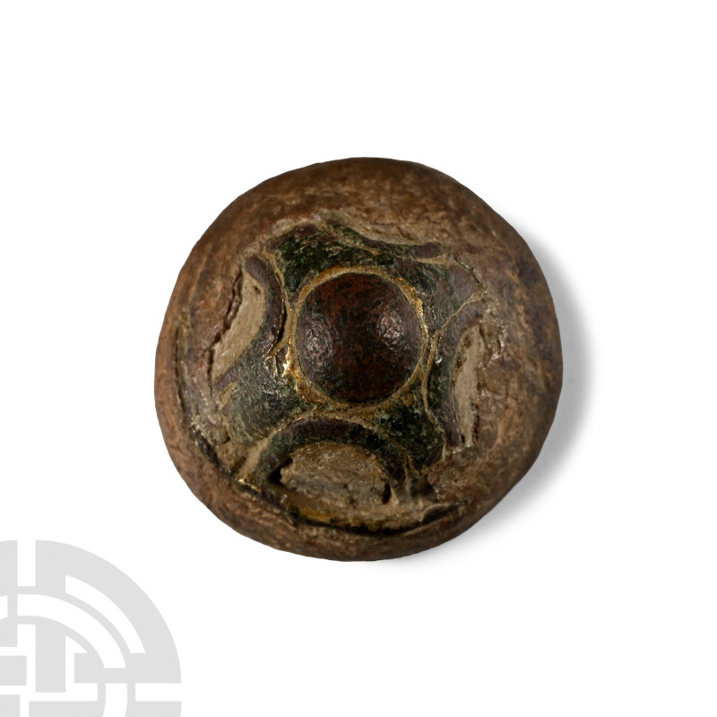 9th-11th century A.D.. Domed bronze stud with traces of gilding and enamel, silv...