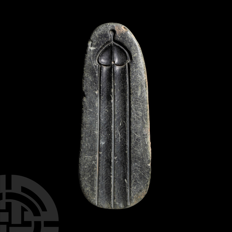 14th-16th century A.D.. A soapstone mould carved on one side with a phallic moti...