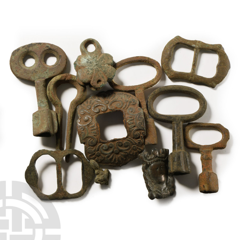 14th century A.D. and later. Including a winder key, belt buckles, Jew's harp an...