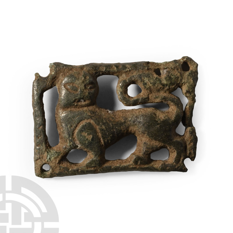 12th century A.D.. Comprising a rectangular openwork body with a lion passant gu...