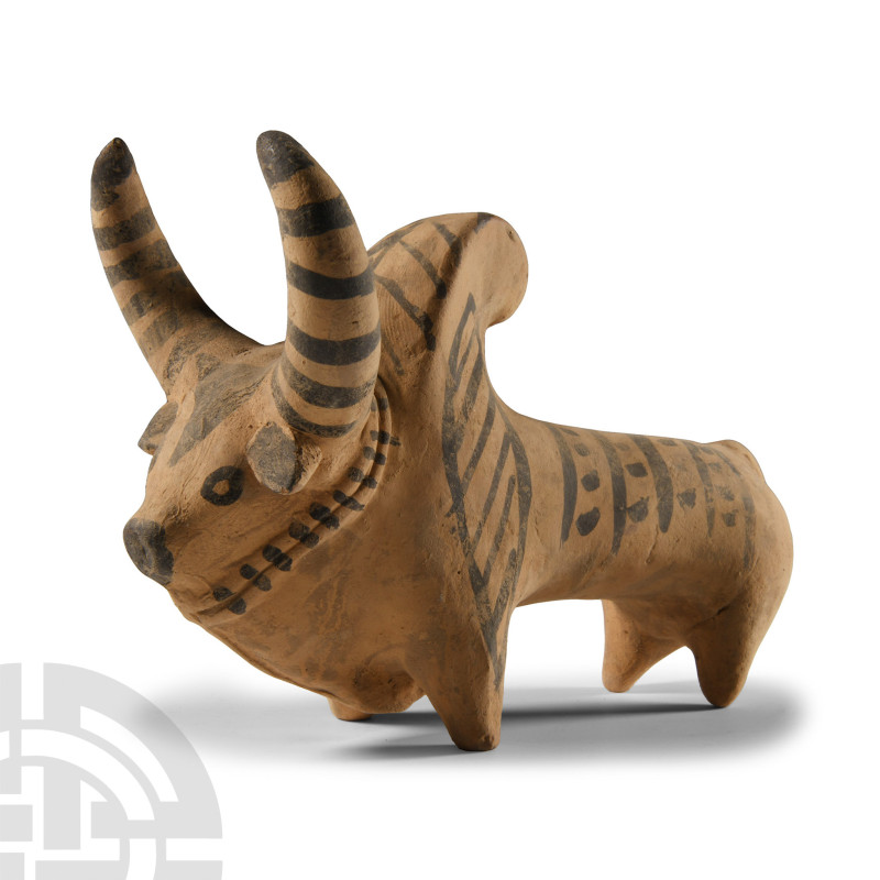 20th century A.D.. Model zebu with applied black linear ornament. 350 grams, 16 ...