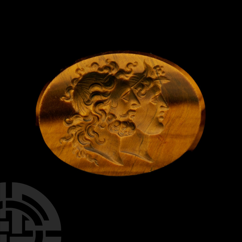 19th century A.D.. Bifacial intaglio with jugate busts to both faces; supplied w...