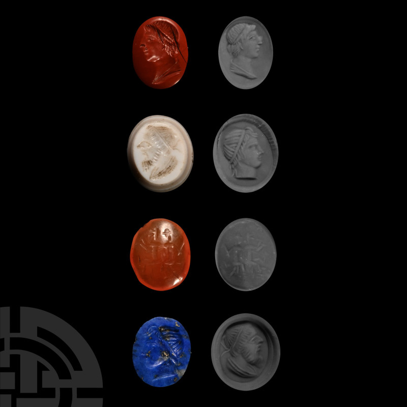 19th-20th century A.D.. Comprising male busts and a figural group in lapis lazul...