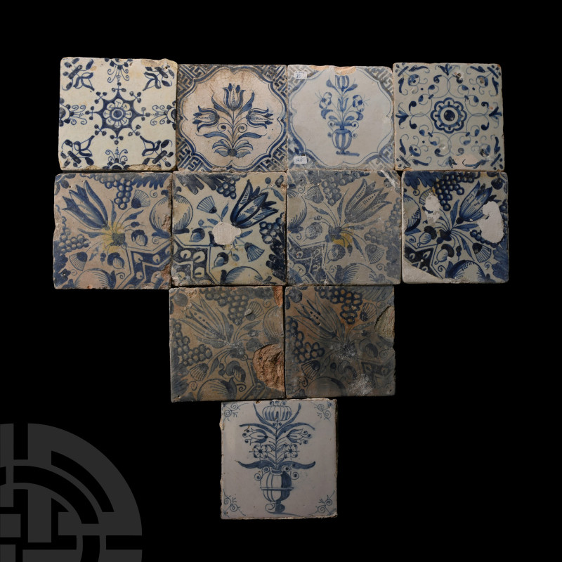 Circa 17th-18th century A.D.. Comprising blue and white glazed floral and geomet...