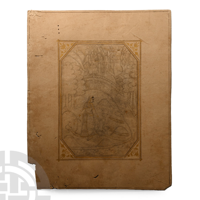 Circa 1780-1800 A.D.. Rectangular card with inked border and reveal, liquid gold...