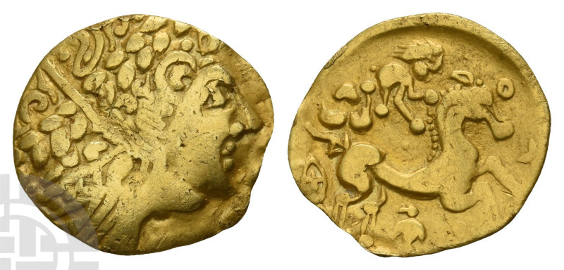 Northeast Gaul. The Ambiani AV Quarter Stater. Circa 175-120 BC. Flamboyant styl...