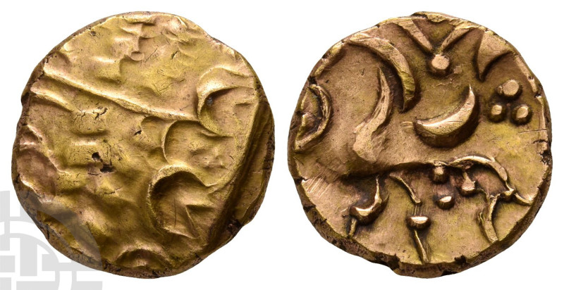 Celtic Britannia. The Corieltauvi AV Stater. Circa 50 BC-AD 20. Devolved head of...