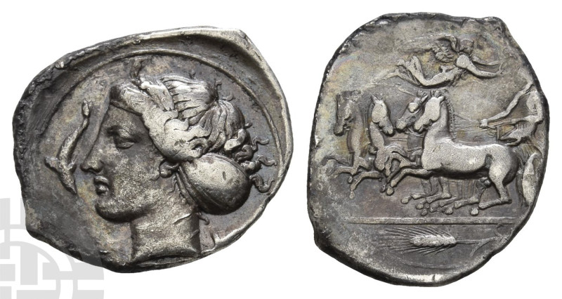 Sicily, Syracuse AR Hemidrachm. Second Democracy, 466-405 BC. Charioteer driving...