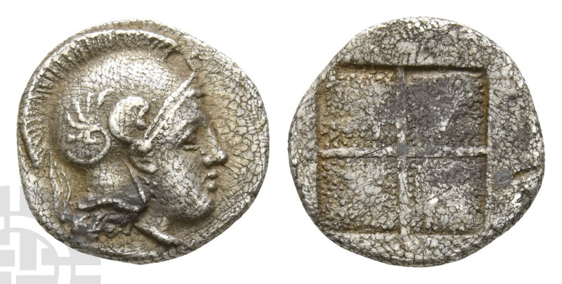 Macedon, Akanthos AR Diobol. Circa 430-390 BC. Head of Athena to right, wearing ...