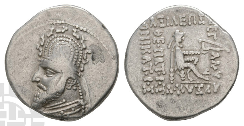 Kings of Parthia, Sinatrukes AR Drachm. Circa 93/2-70/69 BC. Draped bust to left...