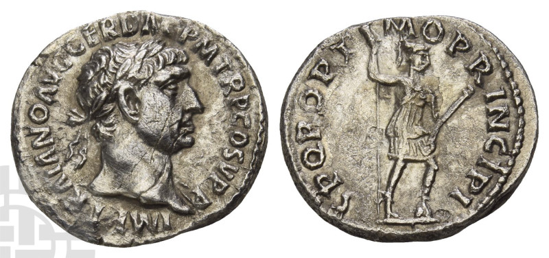 Trajan AR Denarius. AD 98-117. IMP TRAIANO AVG GER DAC P M TR P COS V P P, laure...