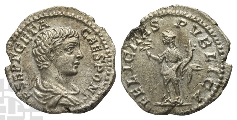 Geta, as Caesar AR Denarius. AD 198-209. P SEPT GETA CAES PONT, bare-headed and ...