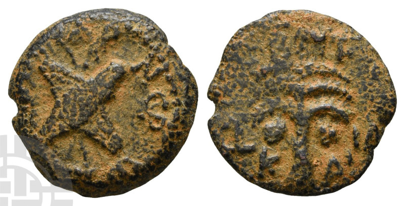 Judaea, Procurators. Antonius Felix AE Prutah. 52-59 CE. N?P? K?AY KAICAP, two o...
