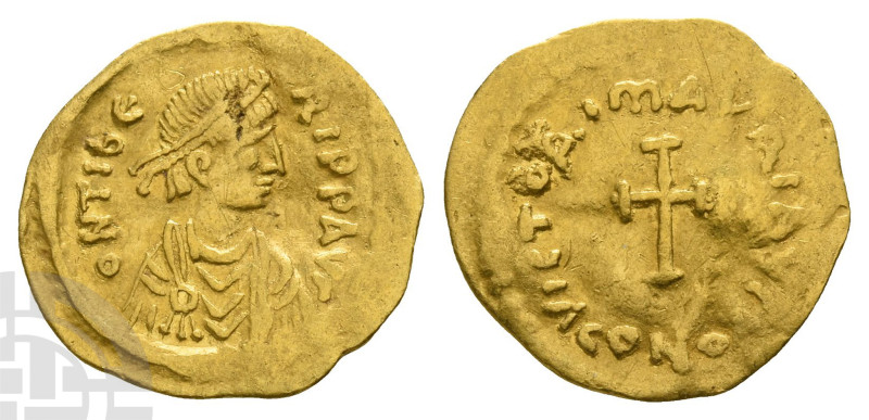 Maurice Tiberius AV Tremissis. AD 582-602. O N TI??-RI P P AVI, pearl-diademed, ...