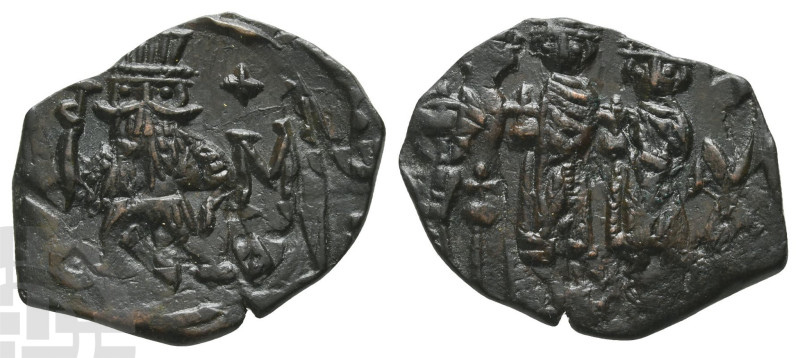 Constans II, with Constantine IV, Heraclius, and Tiberius AE Follis. AD 641-668....