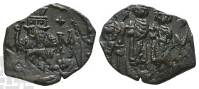 Constans II, with Constantine IV, Heraclius, and Tiberius AE Follis. AD 641-668.