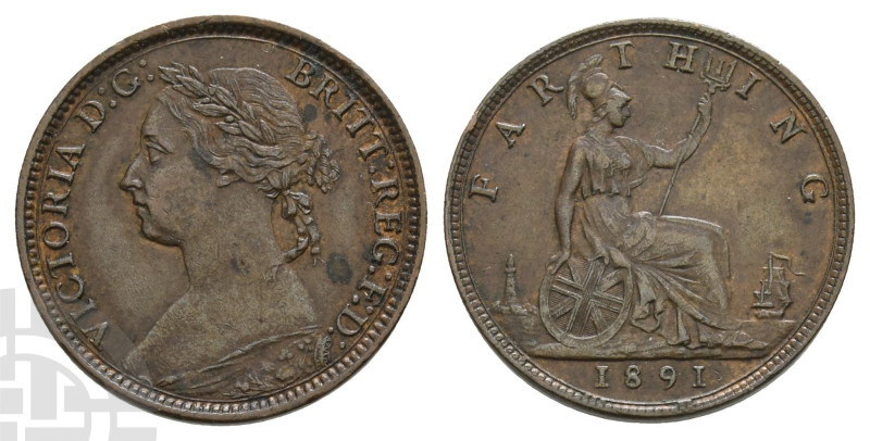 Great Britain. Victoria AE Farthing. 1891 VICTORIA D:G: BRITT:REG:F:D:, second l...