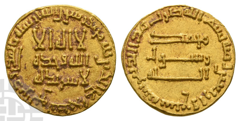 Abbasid Caliphate AV DInar. Time of Al-Mansur, AH 136-158 (AD 754-775). Kalima i...