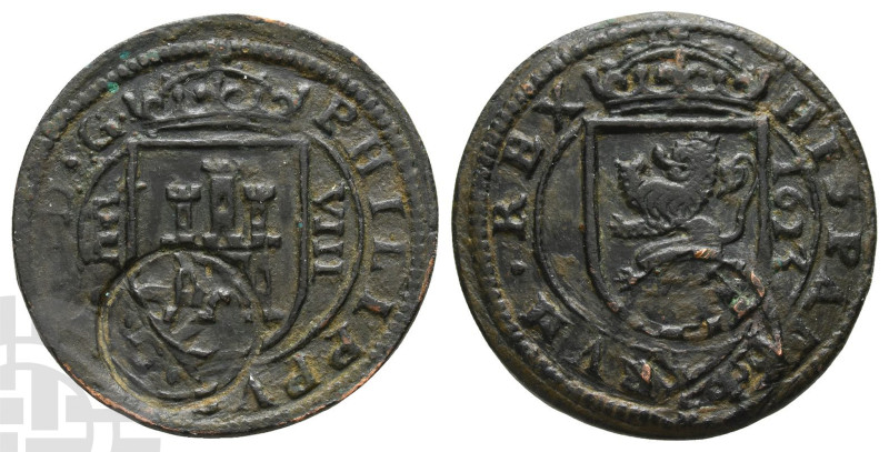 Spain. Philip IV AE 8 Maravedis. 1621-1665. PHILIPPVS · III · D · G, castle in c...