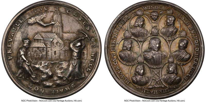 James II silver "Seven Bishops Trial" Medal 1688 AU55 NGC, MI-625-42. 58mm. HID0...