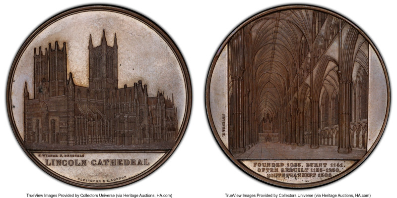 "Lincoln Cathedral" bronzed Specimen Medal ND (1856) SP64 PCGS, Brussels mint, R...