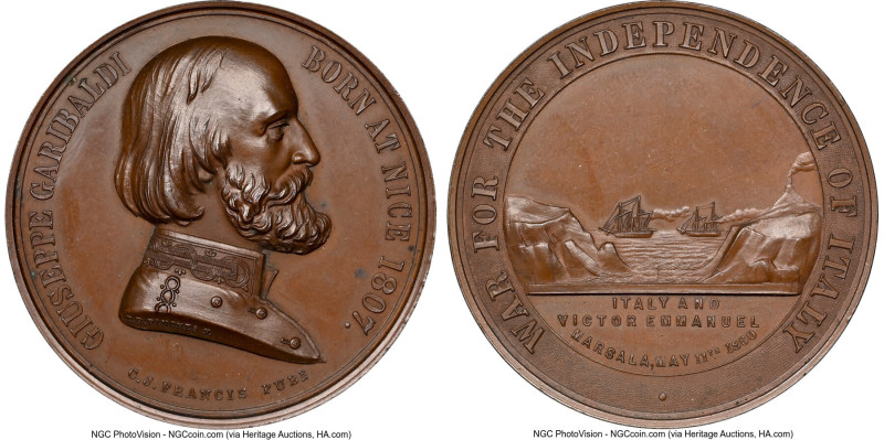 "Giuseppe Garibaldi" bronze Medal 1860-Dated MS65 Brown NGC, 42mm. By Pinches. A...