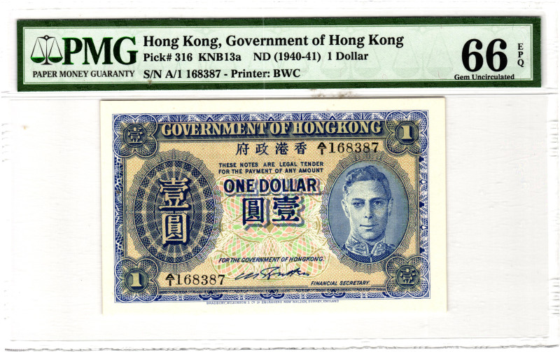 Hong Kong 1 Dollar 1940 - 1941 (ND) PMG 66 EPQ Gem Uncirculated

P# 316, N# 21...