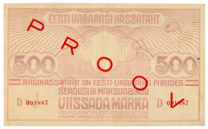 Estonia 500 Mark 1921 (ND) Specimen

P# 49fs, # D 091887; Overprint PROOV; XF