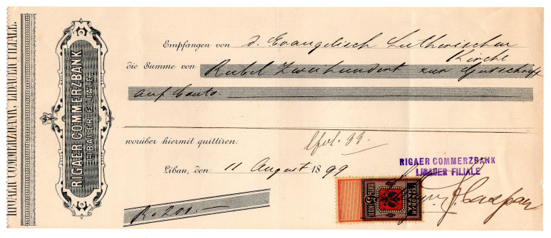 Latvia Riga Rigaer Commerzbank Cheque for 200 Roubles 1899 With Stamp

XF-