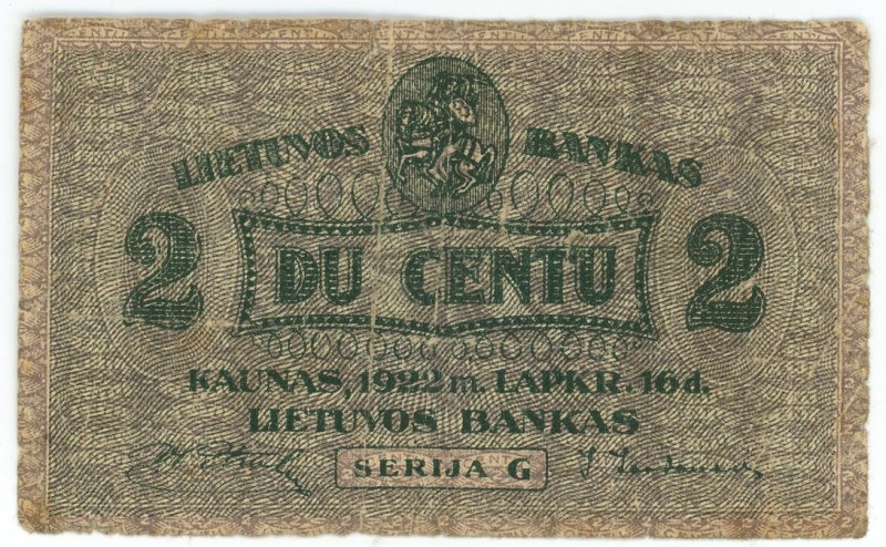 Lithuania 2 Centu 1922

P# 8a, N# 226615; F/VF-