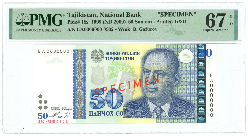 Tajikistan 50 Somoni 1999 (2000)(ND) Specimen PMG 67 EPQ Superb Gem UNC

P# 18...