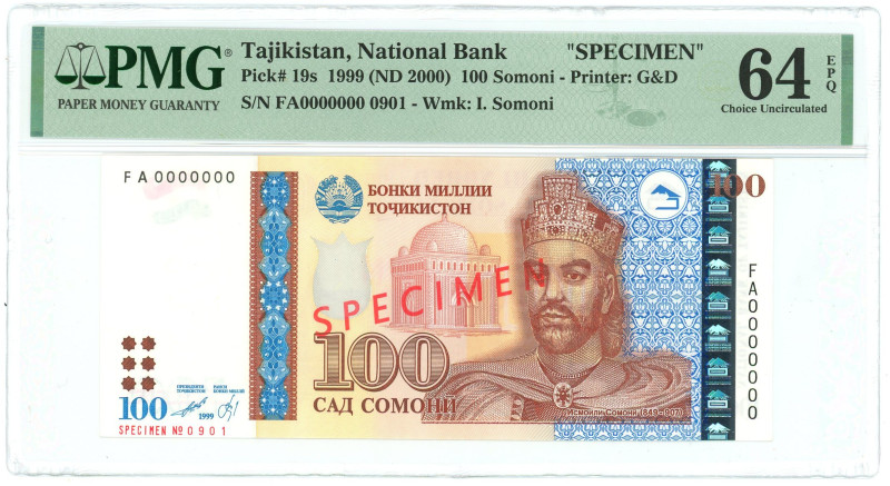 Tajikistan 100 Somoni 1999 (2000)(ND) Specimen PMG 64 EPQ Choice UNC

P# 19s, ...