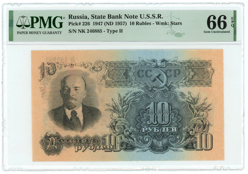 Russia - USSR 10 Roubles 1947 (1957) (ND) PMG 66 EPQ Gem UNC

P# 226, # NK2468...