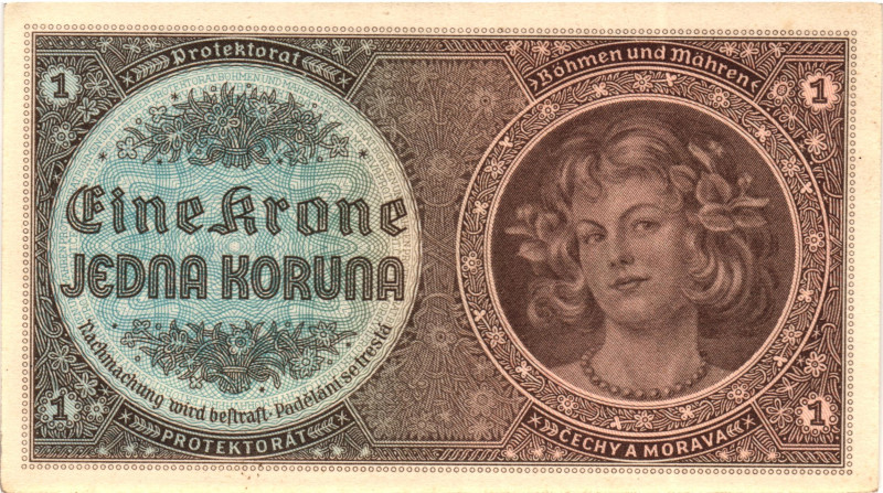 Bohemia & Moravia 1 Koruna 1940 (ND)

P# 3a, N# 207301; # C 055; UNC-