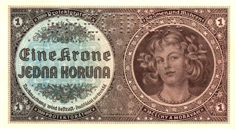 Bohemia & Moravia 1 Koruna 1940 (ND) Specimen

P# 3s, N# 207301; # H 025; UNC