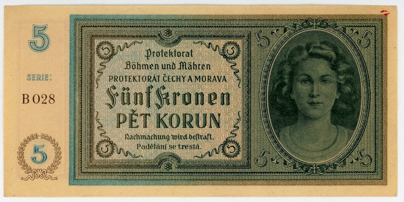 Bohemia & Moravia 5 Korun 1940 (ND)

P# 4a, N# 207302; # B 028; AUNC-