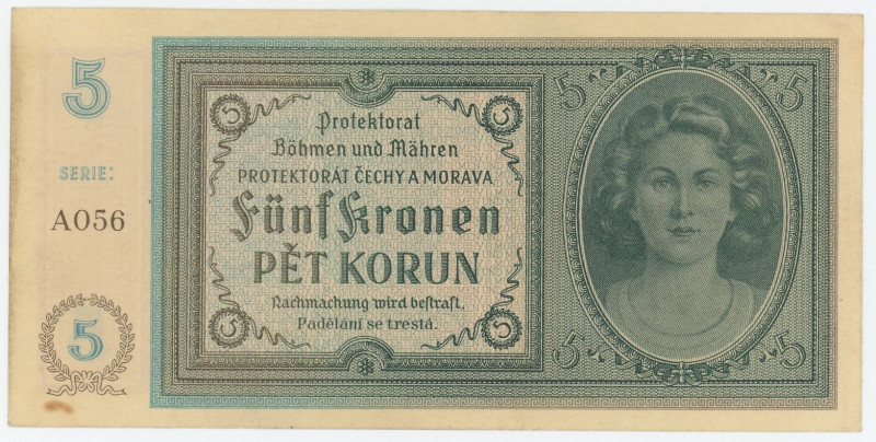 Bohemia & Moravia 5 Korun 1940 (ND)

P# 4a, N# 207302; # A056; XF