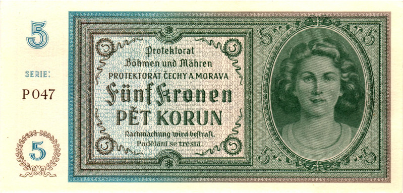 Bohemia & Moravia 5 Korun 1940 (ND)

P# 4a, N# 207302; # P 038; UNC
