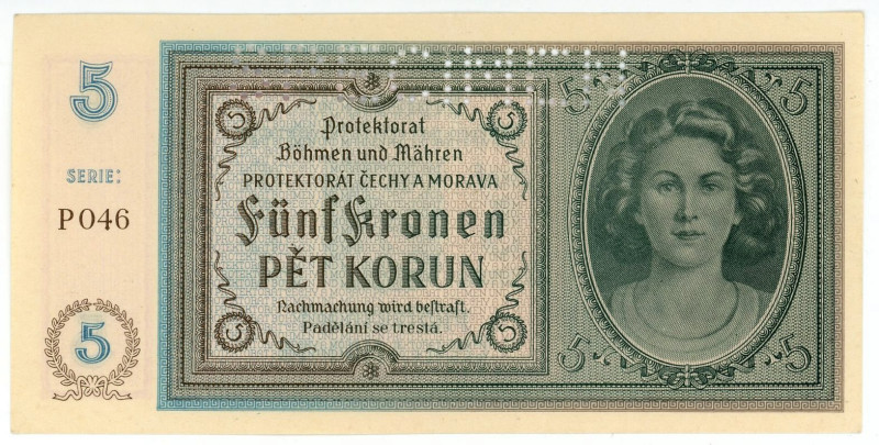 Bohemia & Moravia 5 Korun 1940 (ND) Specimen

P# 4s, N# 207302; # P046; Perfor...