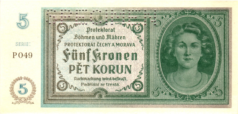 Bohemia & Moravia 5 Korun 1940 (ND) Specimen

P# 4s, N# 207302; # P 049; UNC