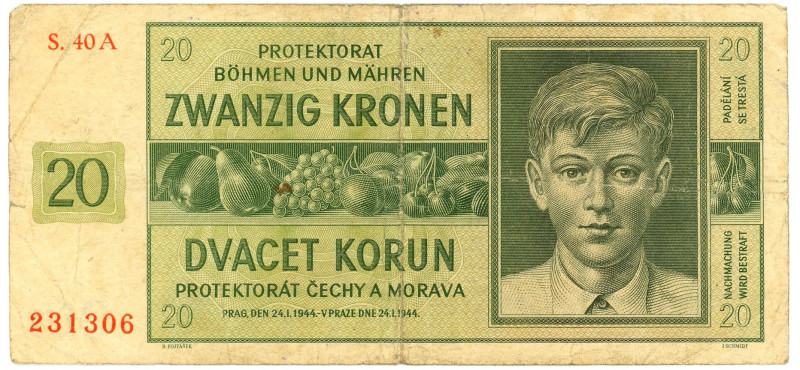 Bohemia & Moravia 20 Korun 1944

P# 9a, N# 207306; # 40 A 231306; VF-