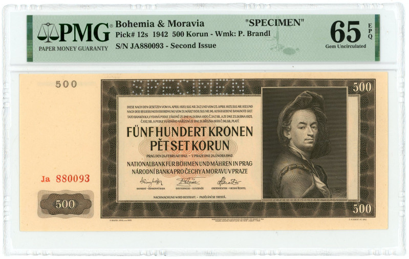 Bohemia & Moravia 500 Korun 1942 Specimen PMG 65 EPQ Gem UNC

P# 12s, N# 20169...