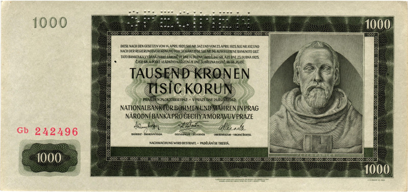 Bohemia & Moravia 1000 Korun 1942 Specimen

P# 14s, N# 371800; # Gb 242496; AU...